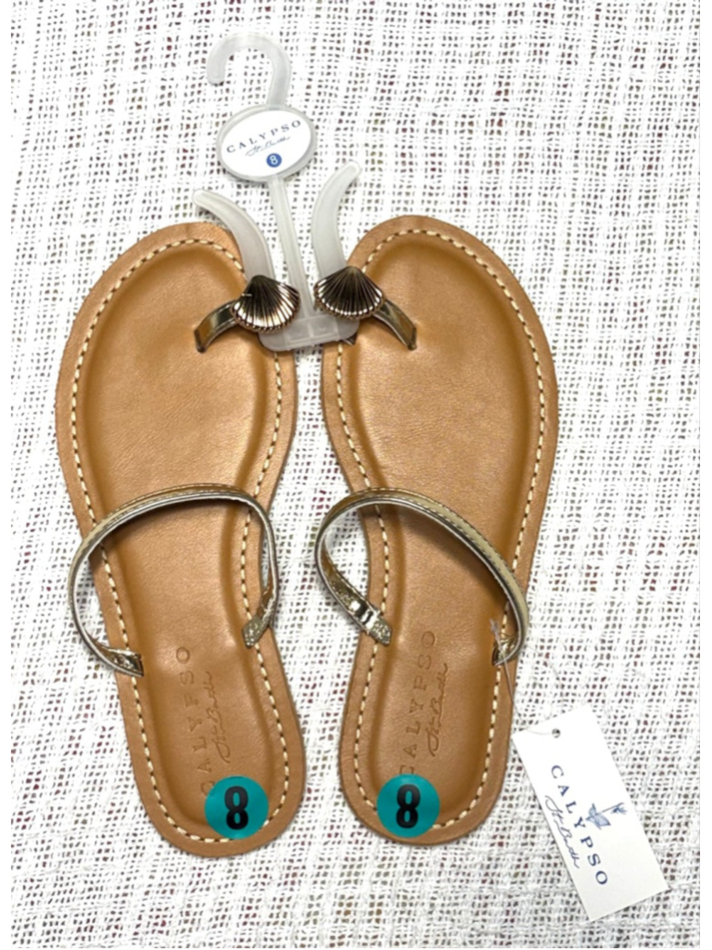 NWT Calypso St Barth "Moray" Tan Gold-Tone Toe Ring Shell Thong Sandals Size 8